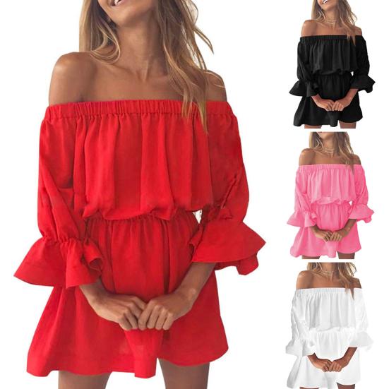 Dámské jednobarevné mini společenské šaty s odhalenými rameny, 3/4 nabíranými rukávy a elastickým pasem