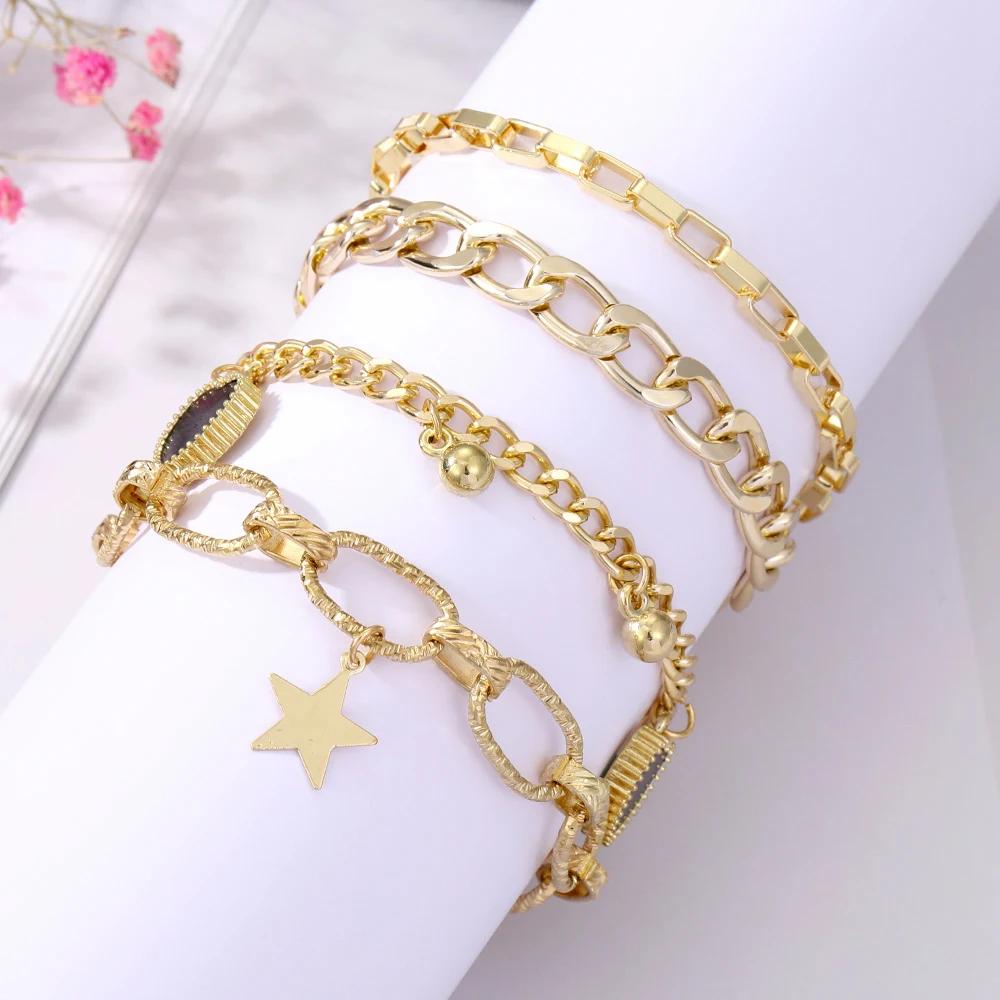 Punk Golden Metal Thick Chain Bracelets for Women Men Pentagram Heart Beads Pendant Charm Bracelet Set Fashion Jewelry