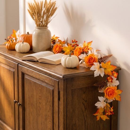 Reusable Holiday Party Supplies 180cm Artificial Vine Hanging Door Wreath with Pumpkins Berries Maple Leaves, Silk Flower Rattan Halloween Garland for