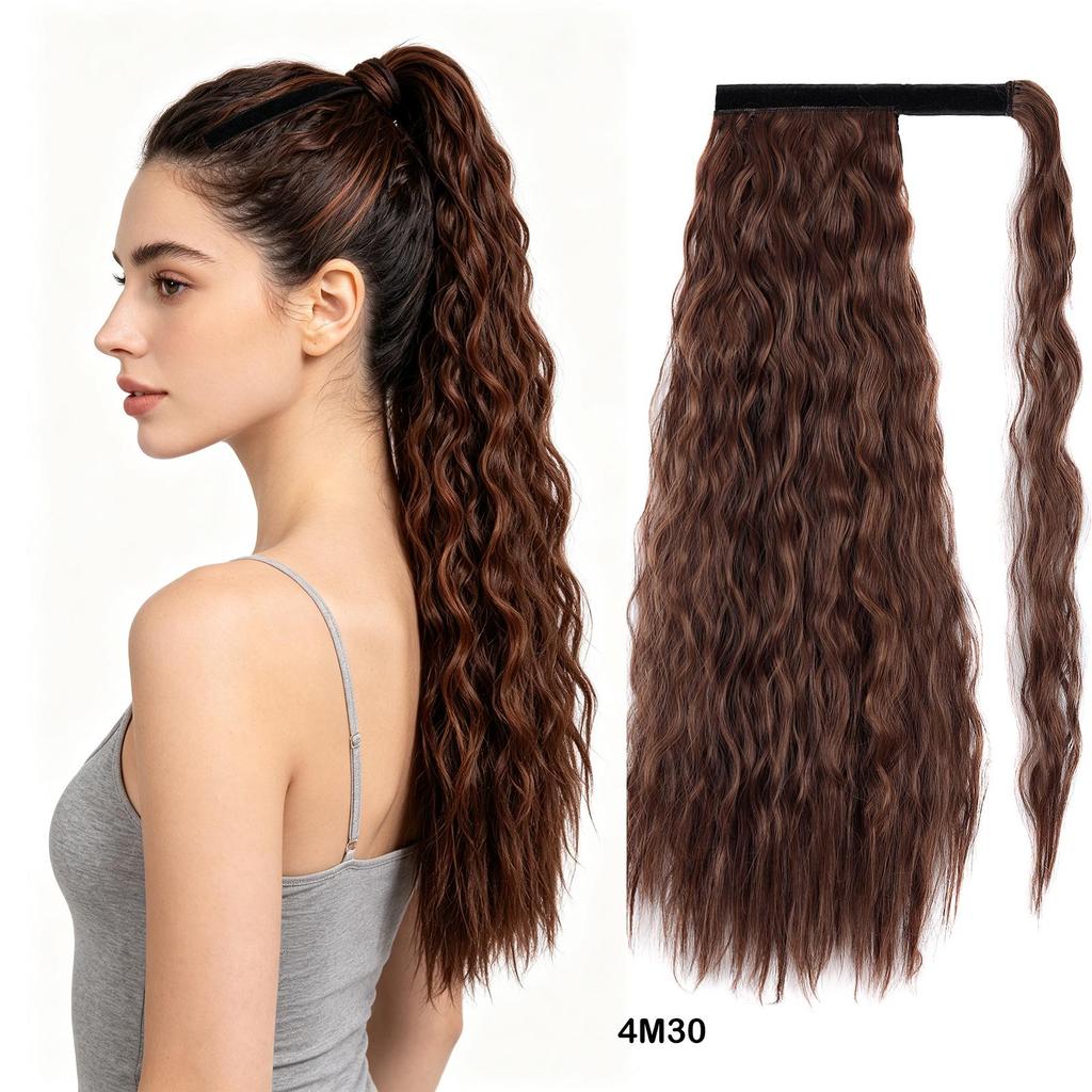 Ponytails Magic Tape Corn Wave Curly Ponytail Extension 22Inch 55cm Long Synthetic Hairpiece for Women