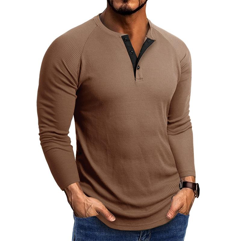 Men Casual Waffle Knit Henley Long Sleeve T Shirt