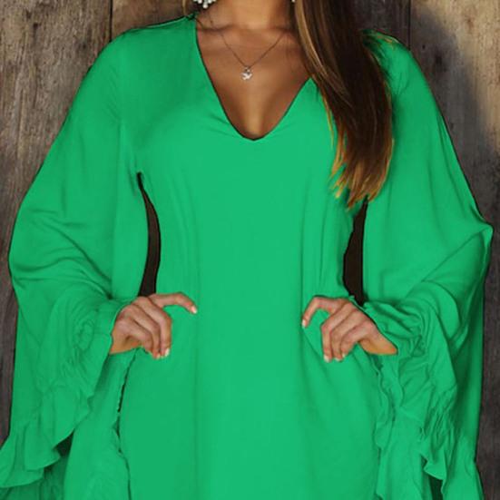 Women V Neck Flared Long Sleeve Mini Dress Solid Color Irregular Ruffle Hem Solid Color Casual Short Vacation Dress
