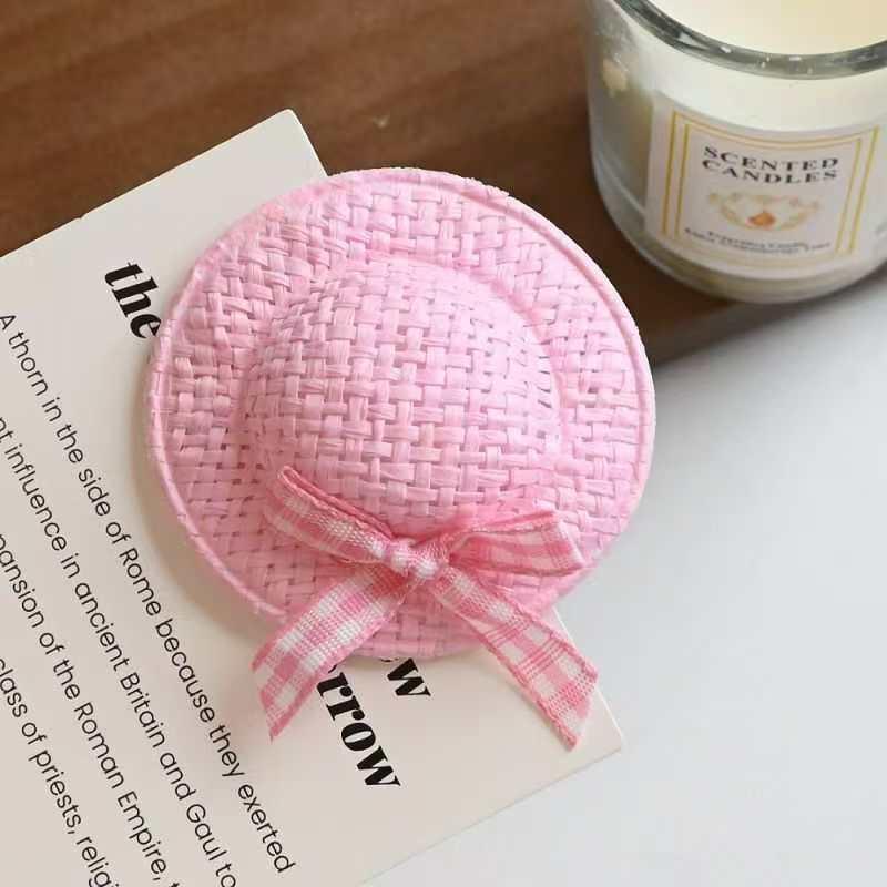 Cute Mini Straw Hat Hair Clips & Hair Ties No Hair Damage Soft Pastel Gingham Bows for Toddler Girls School Daily Wear