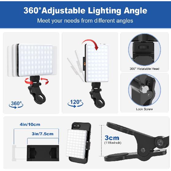 Selfie Light, Phone Light with Front & Back Clip, 60 LED Portable Light with 3 Modes, 5000mAh Rechargeable Video Light for Phone, iPhone, IPad,