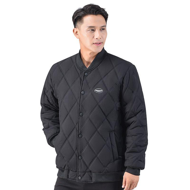 Men's Black Diamond Quilted Baseball Collar Button Up Light Padded Bomber Jacket