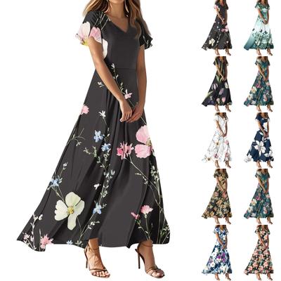 Women's Summer Casual Fashion Retro Floral Dress V Neck Short Sleeve Dress