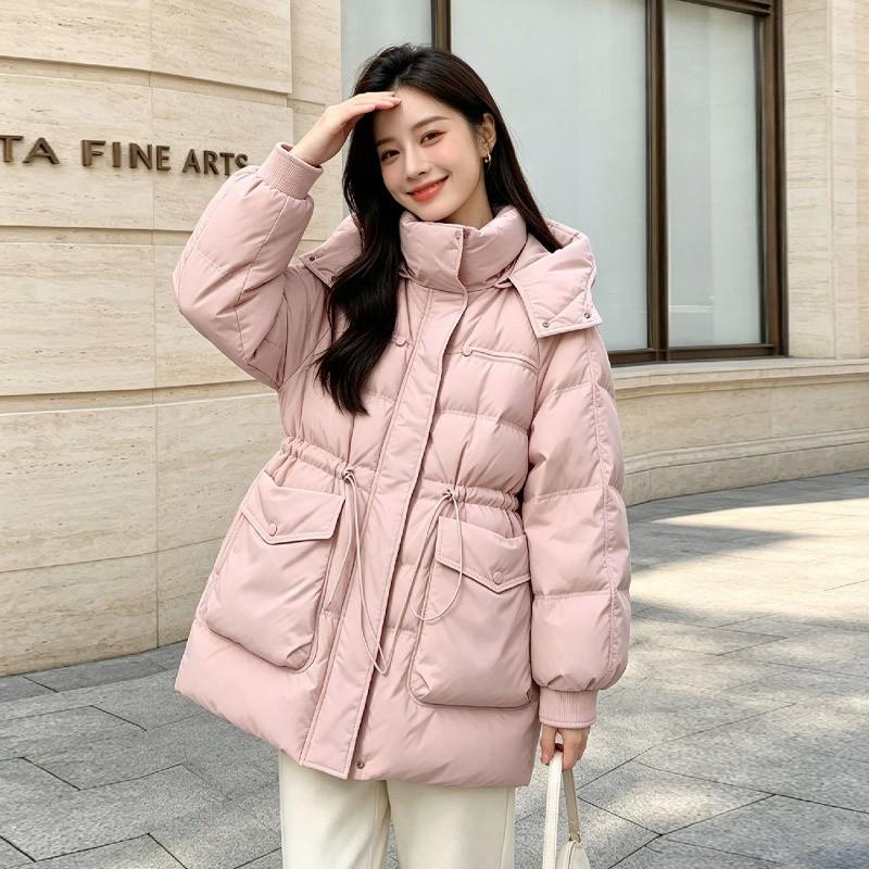Womens Winter Duck Down Coat Mid-Length Thick Warm Loose Fit Hooded Parka Office Commute Black White Beige Pink Khaki
