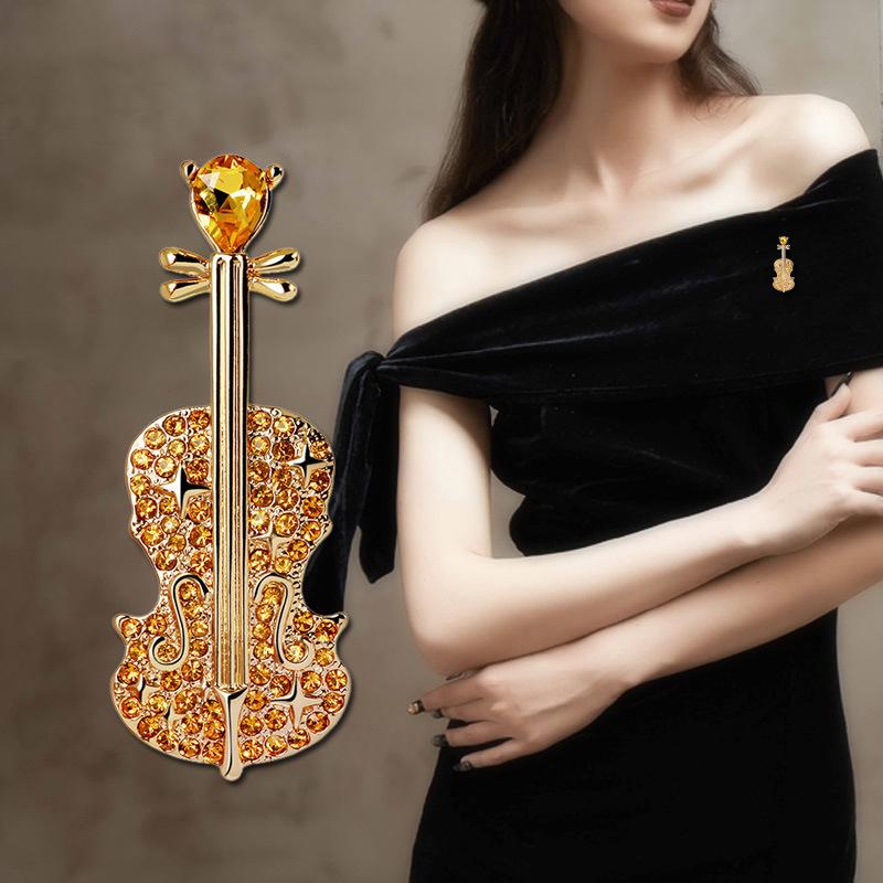 Fashion Crystal Violin Brooch Diamond-Studded Elegant Coat and Shirt Accessory Pin Gift Corsage