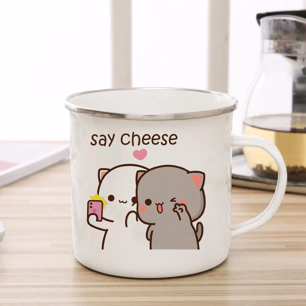 New Peach and Goma Cat Enamel Coffee Tea Cup Cute Animal Breakfast Dessert Milk Water Cup Couple Gift Original Breakfast Cups