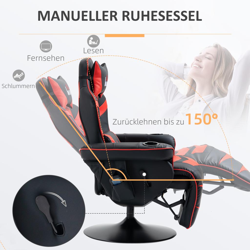 Sedia da Gaming, Funzione Massaggio, Schienale Reclinabile, Poggiapiedi, fino a 120 kg, Telaio in Acciaio, Ecopelle, Rosso