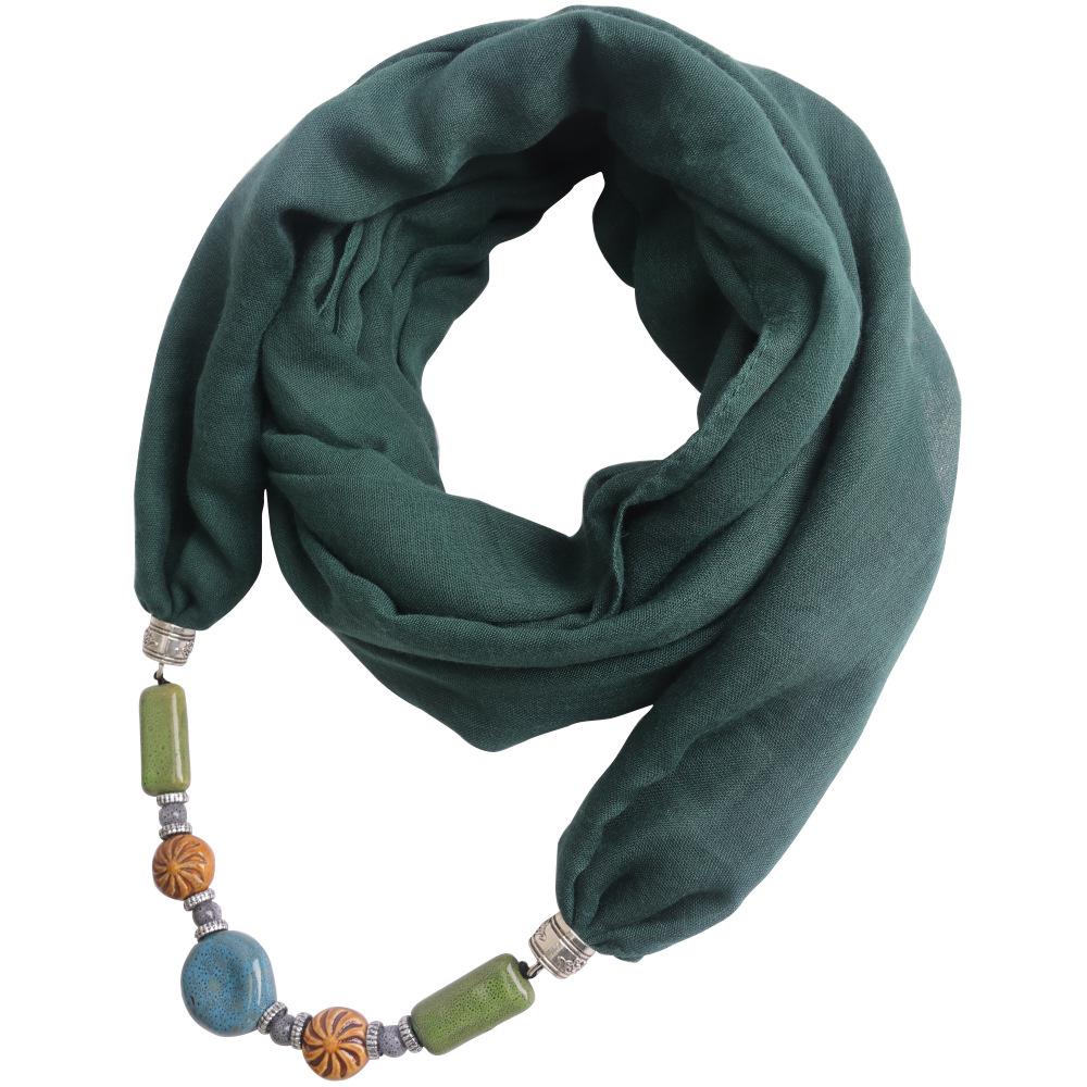Cotton-Linen Infinity Scarf with Handmade Beaded Pendant, Women's 2-in-1 Boho Scarf Necklace Accessory