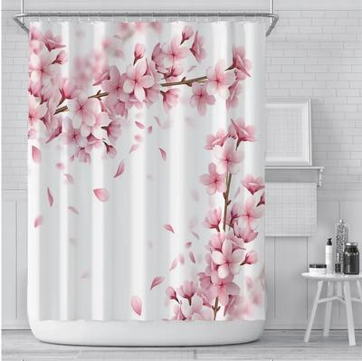 Conjunto Cortina de Chuveiro Flores de Cerejeira Rosa Flores de Pêssego Fundo Branco Banheiro de Menina Tecido de Poliéster Tela 12 Com Gancho