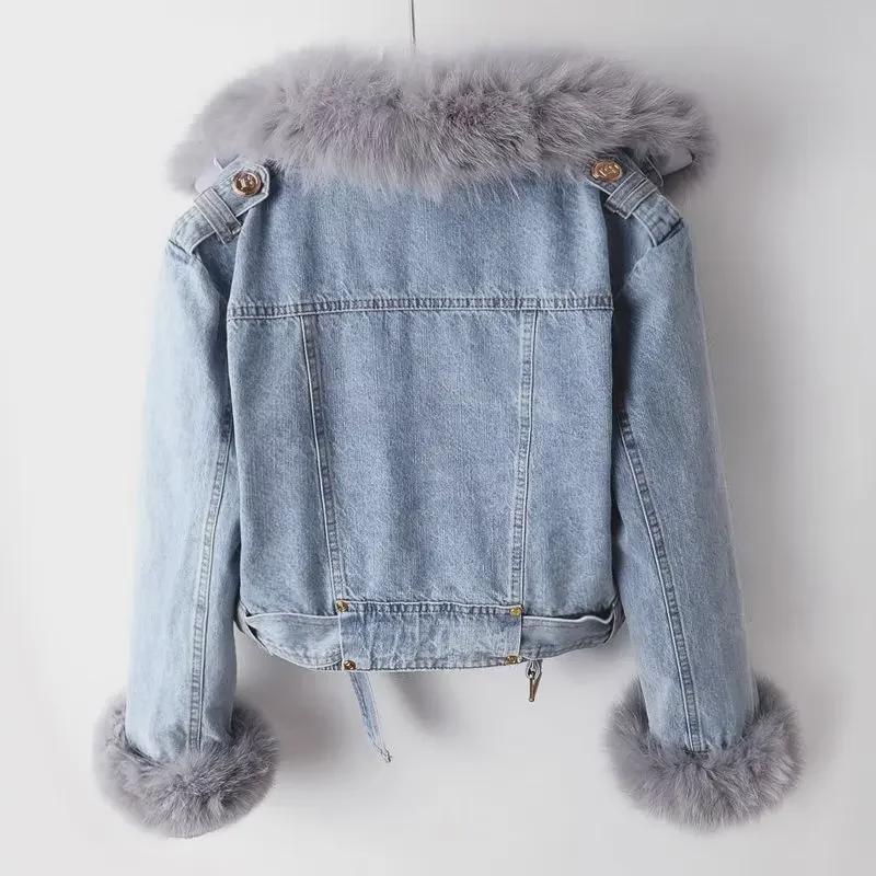 2025 Autumn/Winter Women's Denim Jacket with Detachable Faux Rabbit Fur Liner
