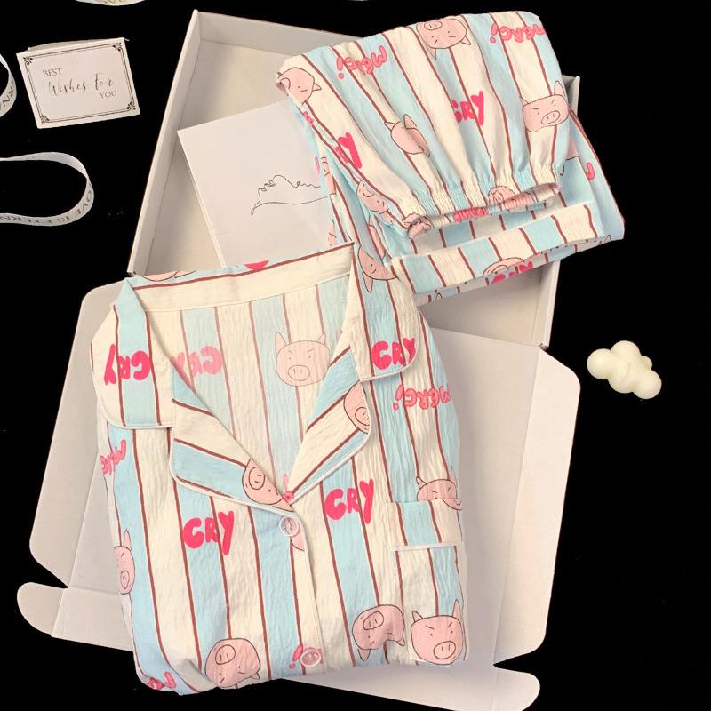 Polyamide Striped Pig Pajamas Women'S Spring And Autumn Cloud Cotton Long Sleeve Sweet Girl Loungewear
