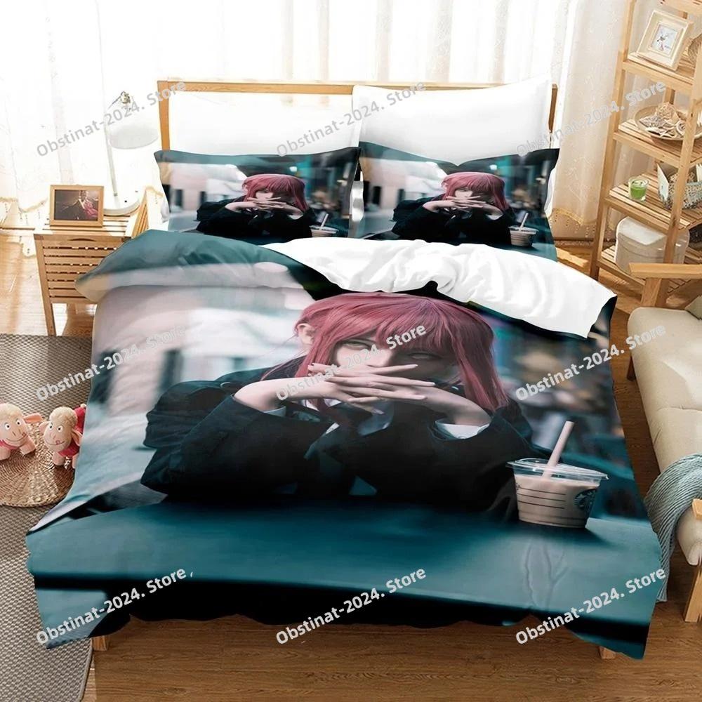 3D Druck Anime Chainsaw Man Makima Bettwäsche-Set, Bettdeckenbezug Bett-Set Steppdeckenbezug Kissenbezug, King Queen Twin Größe Jungen Mädchen Erwachsene