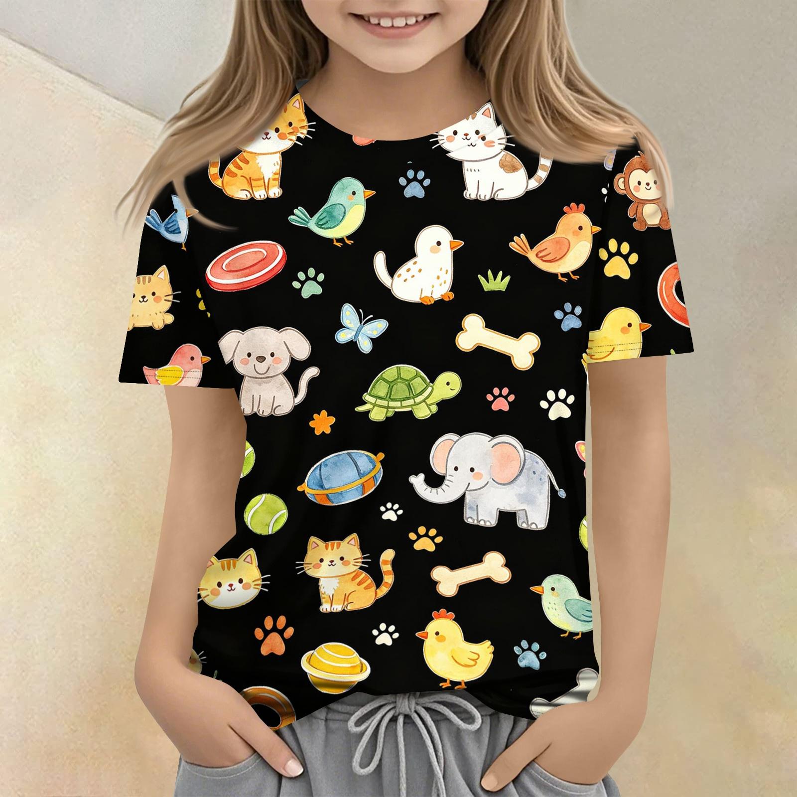 

Kids Animal Print Casual Loose Fit Short Sleeve T Shirt Round Neck Comfortable Soft Fabric Top for Everyday Wear 100 чёрный