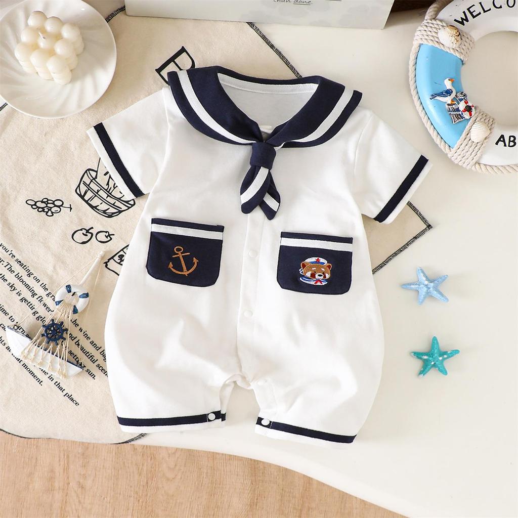 Tuta da marinaio per neonato in stile navy con ricamo di orso dei cartoni animati - Tuta estiva a maniche corte
