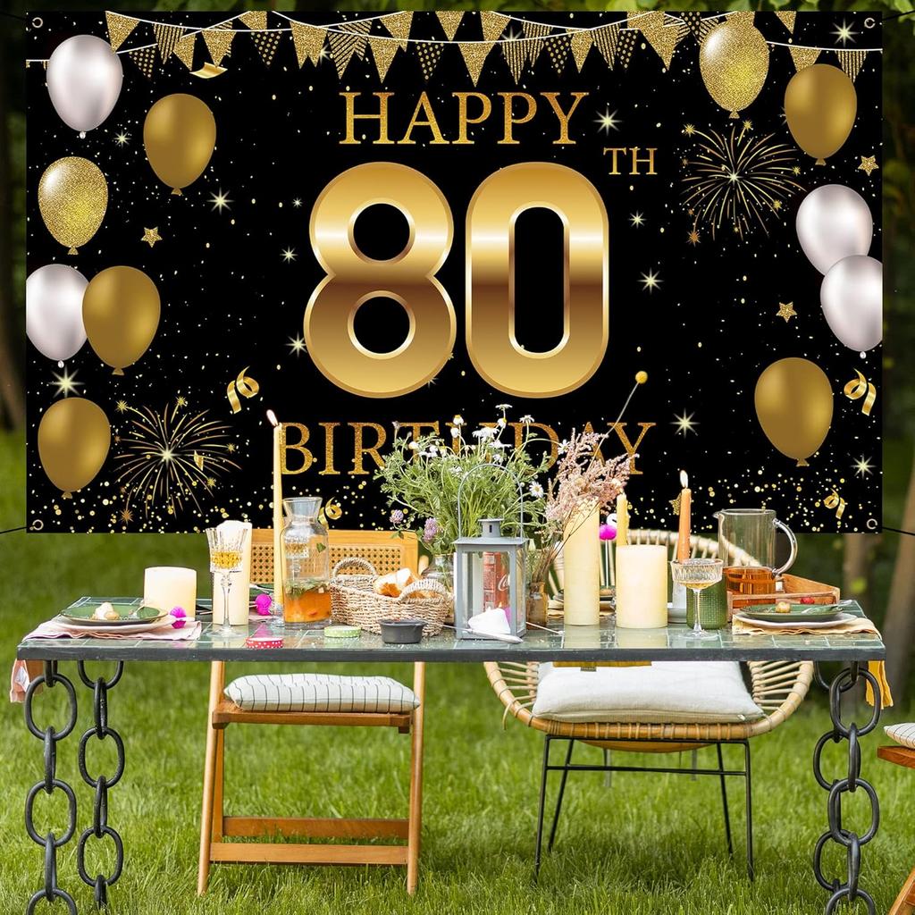 80th Birthday Party Decorations Backdrop Banner, Happy 80th Birthday Decorations for Men Women, 80 Years Old Birthday Photo Booth Props Black Gold,
