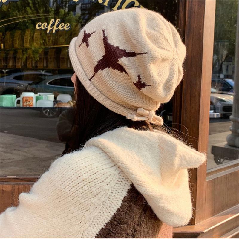 Star Pattern Curling Drawstring Beanies For Women Autumn And Winter Warm Ear Protection Versatile Retro Knitted Pullover Hats