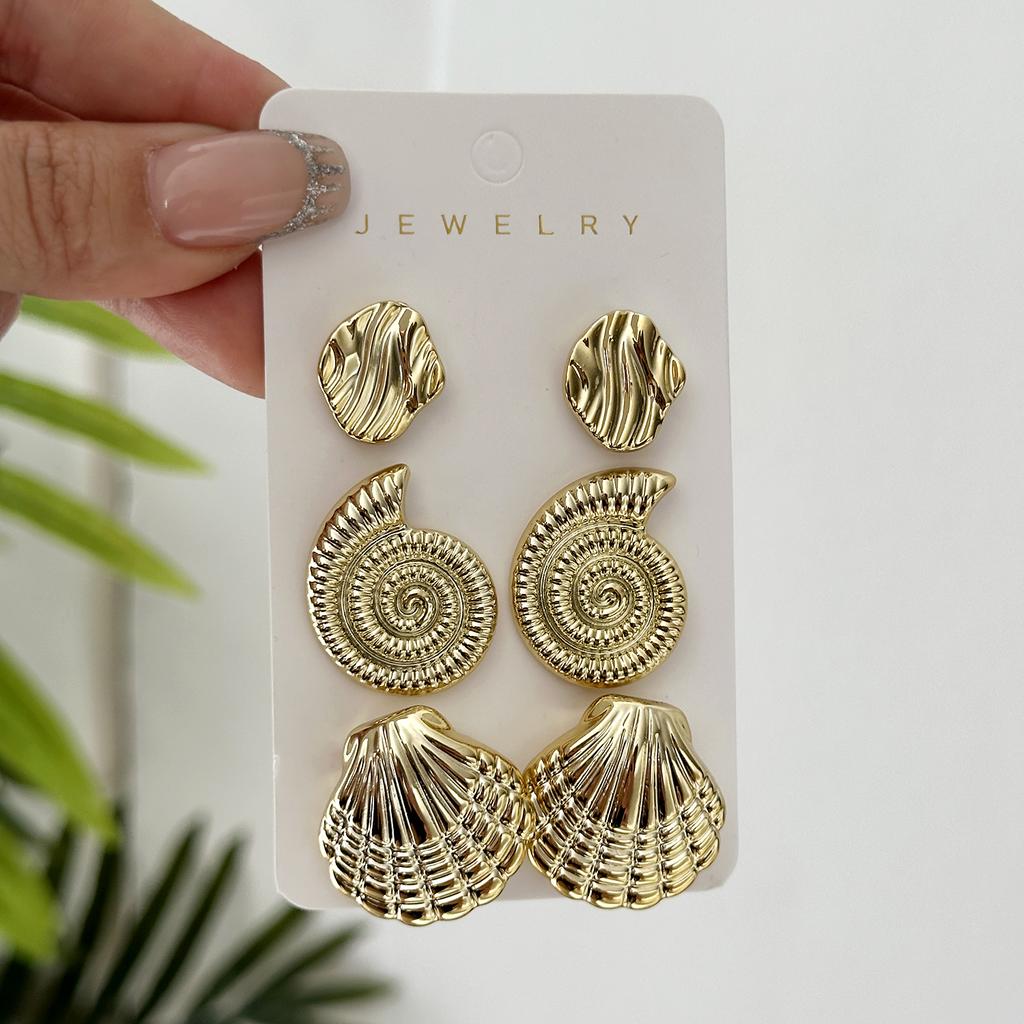 3 Pairs/Set Gold Color Shell Starfish Stud Earrings for Women Ocean Series CCB Lightweight Textured Earrings Beach Party Jewelry