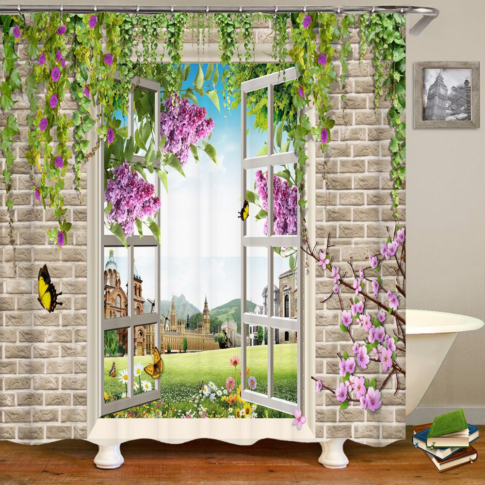 3D window opening scenery window landscape printed shower curtain mildew washable curtain bathroom decoration with hooks curtain