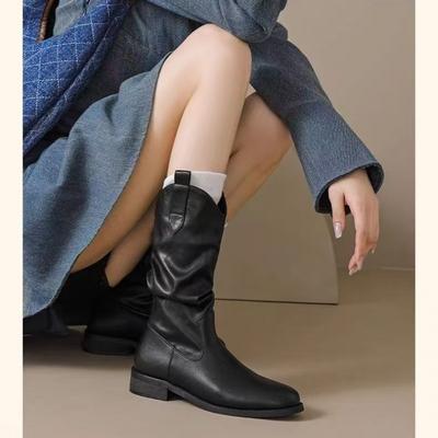 Dames Geplooide Slouch Laarzen Nieuwe Herfst en Winter Fleece Gevoerde Melad Retro Mid-Kuitlaarzen Western Cowboylaarzen