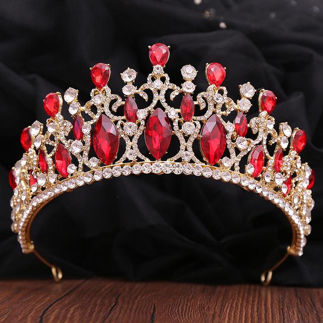 Luxury Gorgeous Red Crystal Wedding Crown Green Tiaras for Women Bridal Hair Jewelry Royal Queen Prom Headdress Bride Accessory