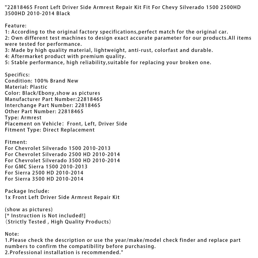 Front Left Armrest Repair Kit Fit For Chevy Silverado 1500 2500HD 3500HD 10-2014