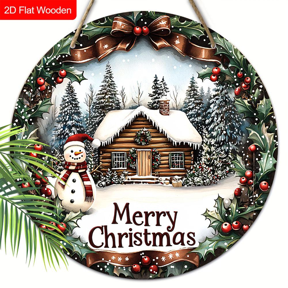 Wooden Christmas Sign with Snowman & Snow House Pattern - Navidad Round Sign for Front Door, Wall Hanging Decor - Ideal Christmas Decoration