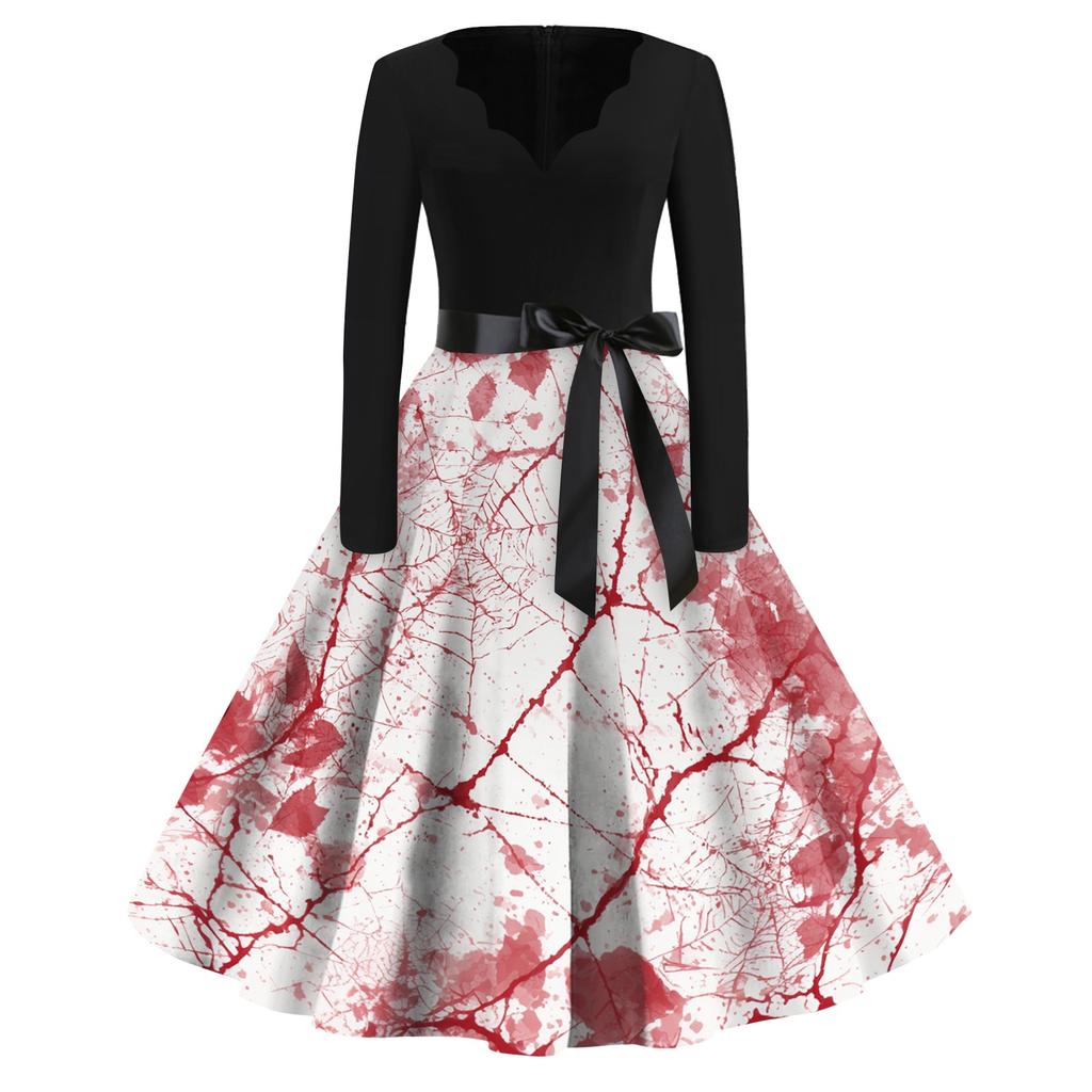 Women Casual Vintage Dress V Neck Long Sleeve Floral Print Retro Swing Dress with Waist Tie for Halloween