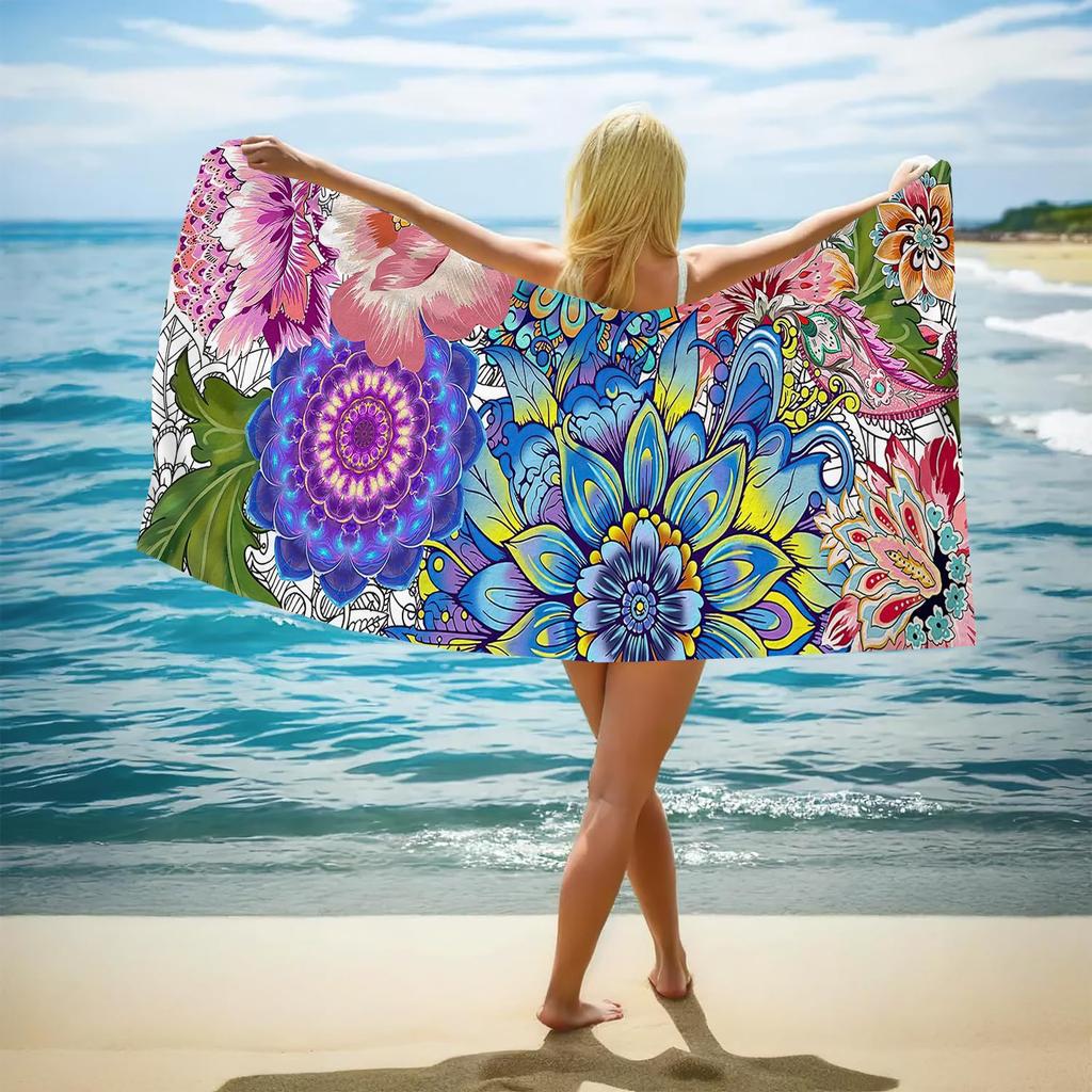 Double-Sided Terry Printed Beach Towel, Microfiber Adult Swimming Bath Towel, Quick-Drying Double-Sided Velvet