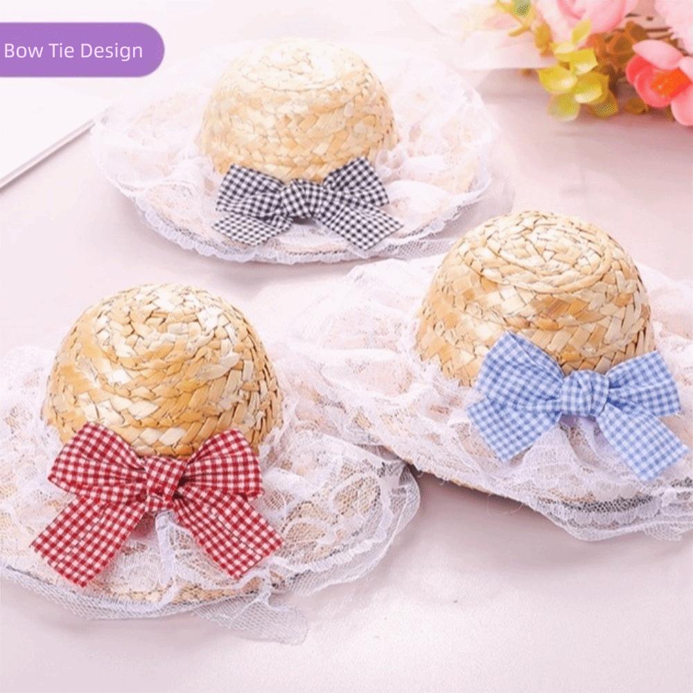 Fashion Adjustable Pet Straw Hat Sun Protection Lace Trim Bow Dog Fisherman Hat Retro Style Wide Brim Cat Sun Hat Walking Hiking