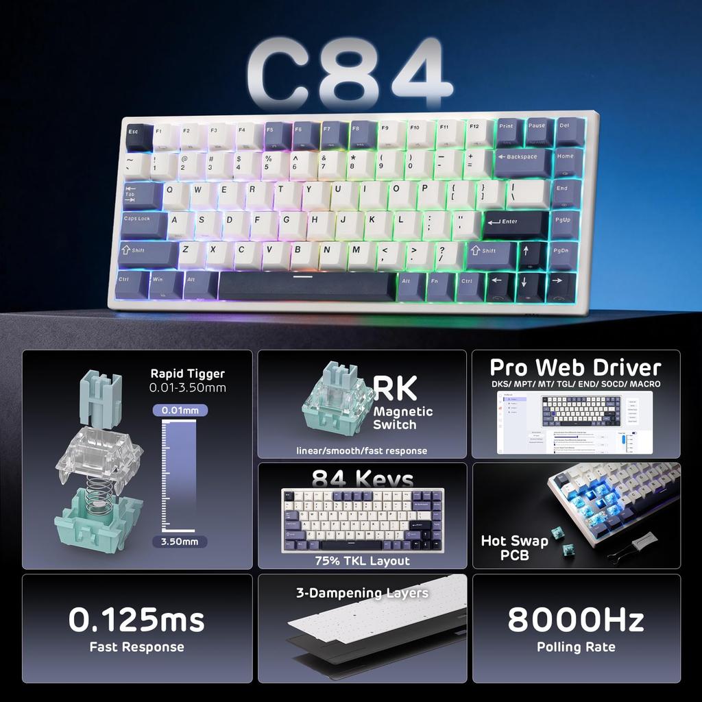 RK ROYAL KLUDGE C84 HE Rapid Trigger Gaming TKL Wired RGB Mechanical Hall Effect Magnetic Switch Adjustable Actuation 8K Hz Polling for FPS US QWERTY