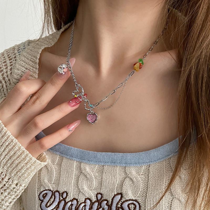 iF ME Sweet Pink Heart Necklace Colorful Stone Zircon Silver Chain Choker for Women Jewelry Accessories