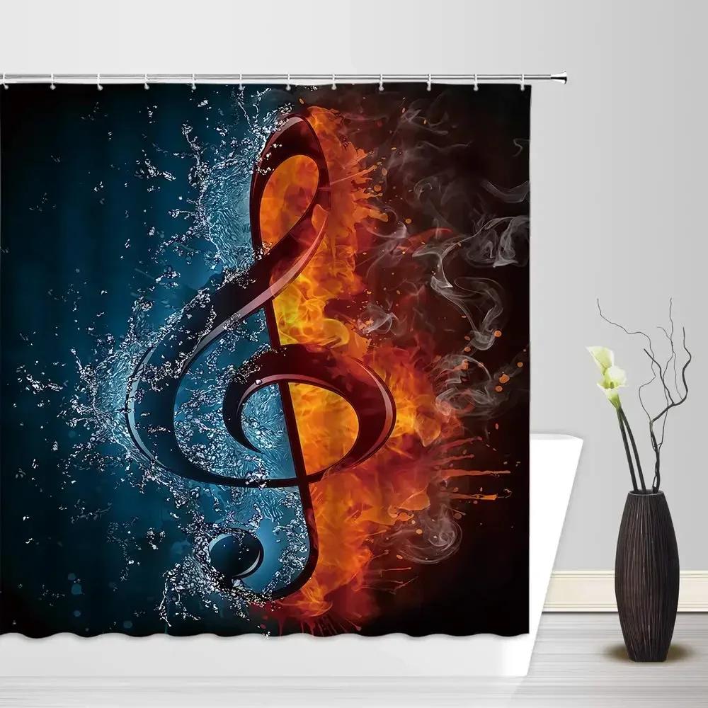 Music Shower Curtain,Black And White Music Notes Bathroom Shower Curtains Polyester Fabric Fashion Gray Bathroom Set With Hooks