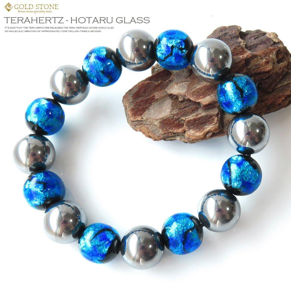 [GOLD STONE] Terahertz Ore X Luminous Firefly Glass Blue Bracelet, 12mm, Glow-in-the-Dark Power Stone, Inner Diameter: Approx. 18cm