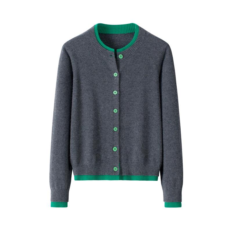 

Кардиган из 100% чистого кашемира в стиле колор-блок с круглым вырезом - Дизайн из двух частей во французском стиле для женщин, идеально подходит для весны и осени. M темно-серого