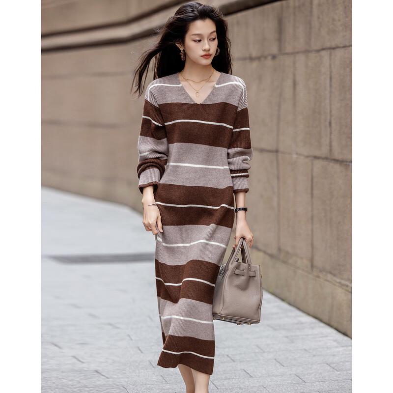 Demana Retro Striped V-Neck Long Sleeve Midi Dress