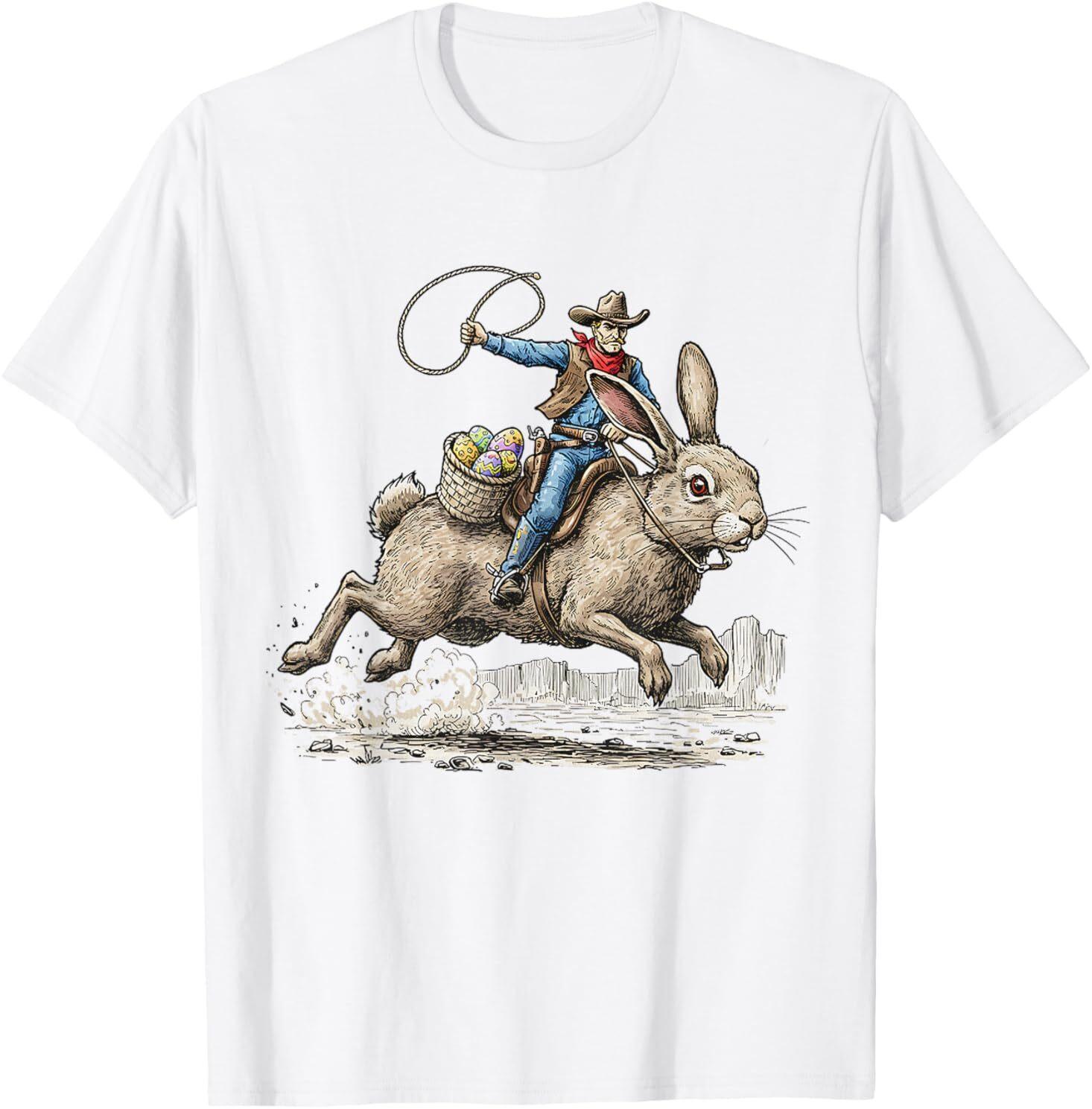 Cowboy Riding Easter Bunny Western Howdy Easter Funny T-Shirt L