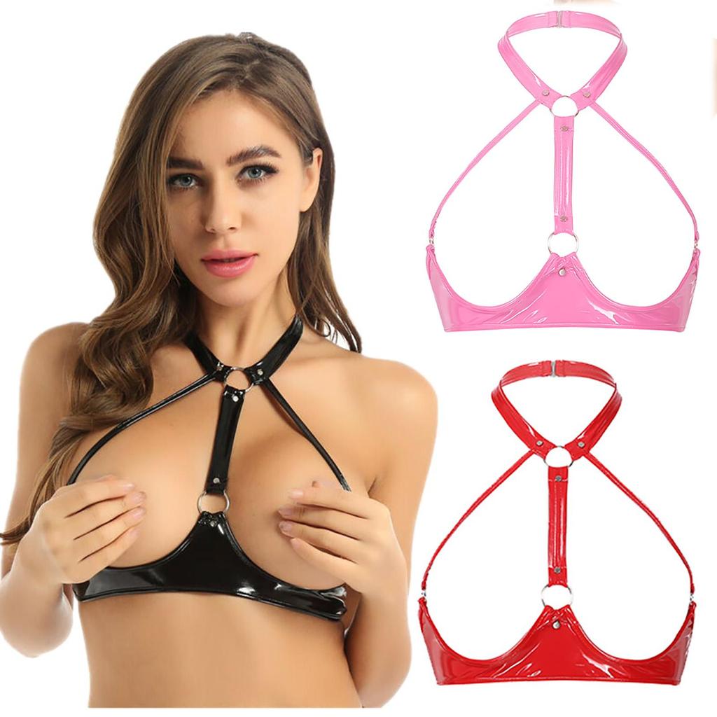 Dámská sexy lakovaná kůže v mokrém vzhledu otevřená podprsenka Crop Top spodní prádlo Party Clubwear