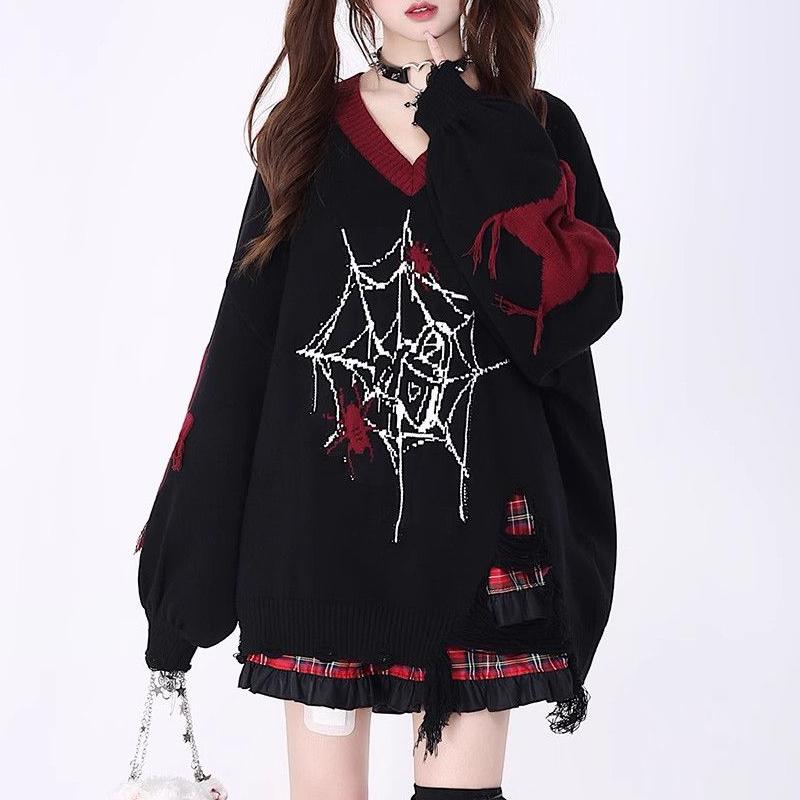 

Женский винтажный контрастный цвет готический уличный свитер свободного покроя Y2K Harajuku Fairy Hole V-образный вырез с длинным рукавом пуловер Топы M бордовый