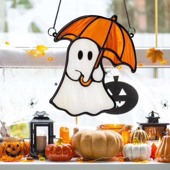 Halloween Cute Ghost Suncatcher Stained Glass Style Acrylic Window Hanging Ghost Light Catcher for Window Wall Decor