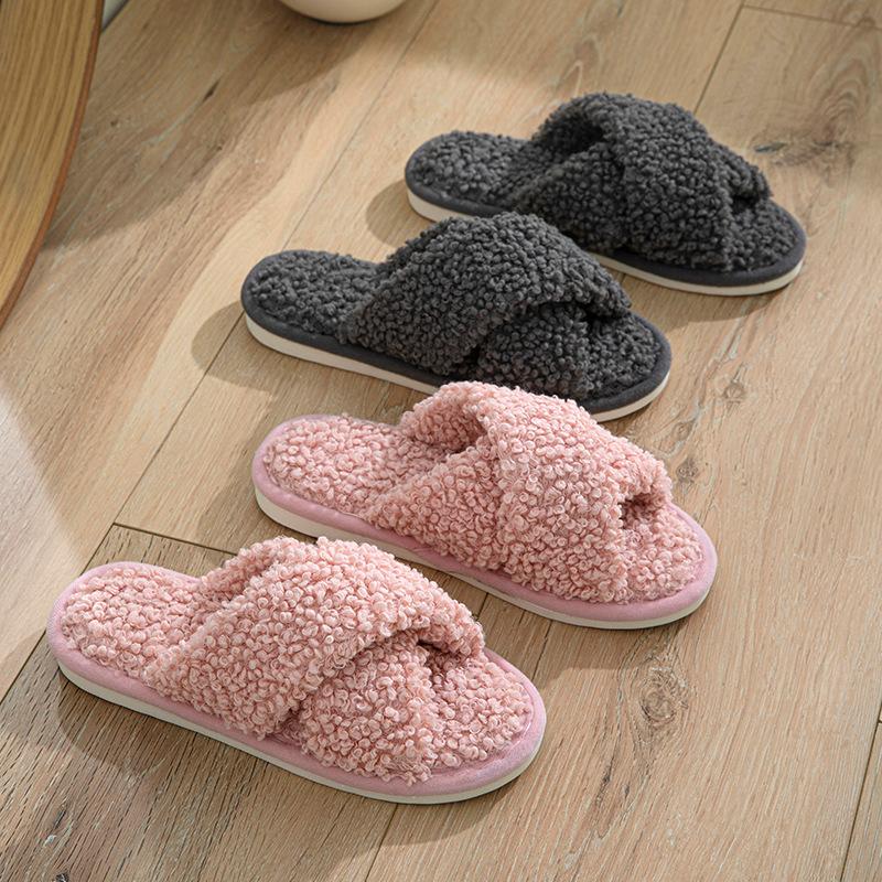 Hairy cross strap cotton slippers for women at home, skin friendly plush cotton slippers