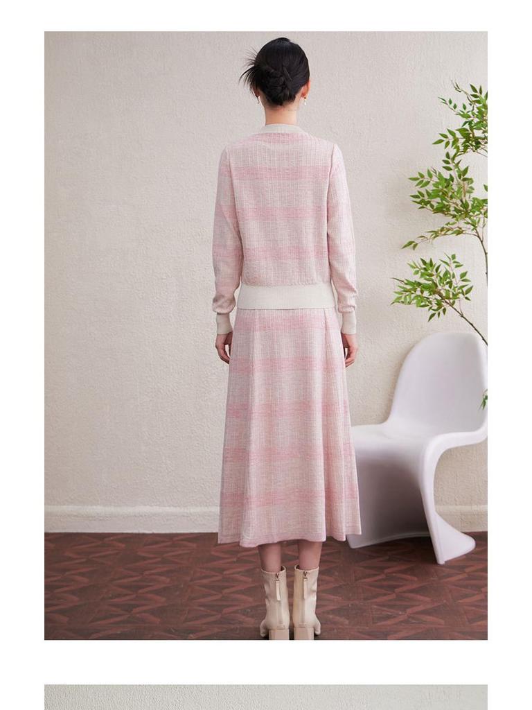 2025 Autumn/Winter Women's Retro Tencel Stripe Knit Top & Midi Skirt Set