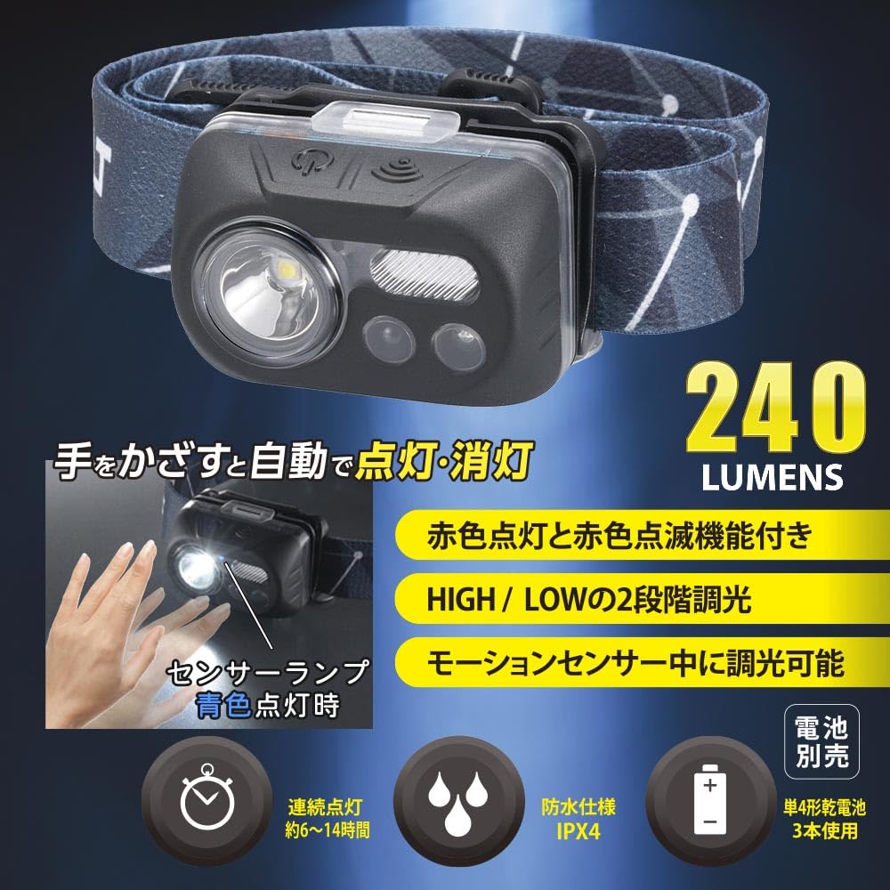 OHM Electric LED Headlight with Motion Sensor Dimmable IPX4 240 Battery Operated AAA Ideal for Outdoor Activities and Switch, White/Red/Red Flashing,