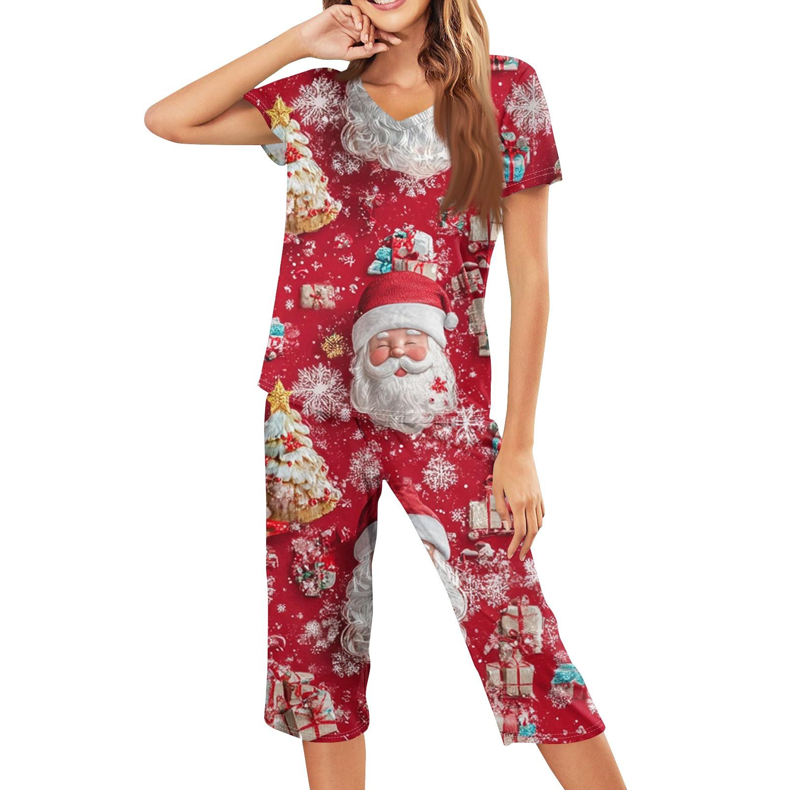 

Женская повседневная спортивная пижама с коротким рукавом и укороченными брюками с рождественским принтом M киноварь