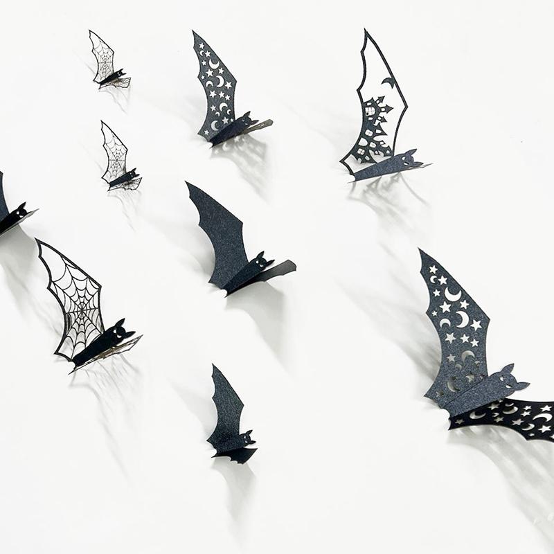12Pcs 3D Bat Wall Stickers Various Size Black Hollow Out Bat Shaped Display Sticker Halloween Festive Atmosphere Decoration Zyf