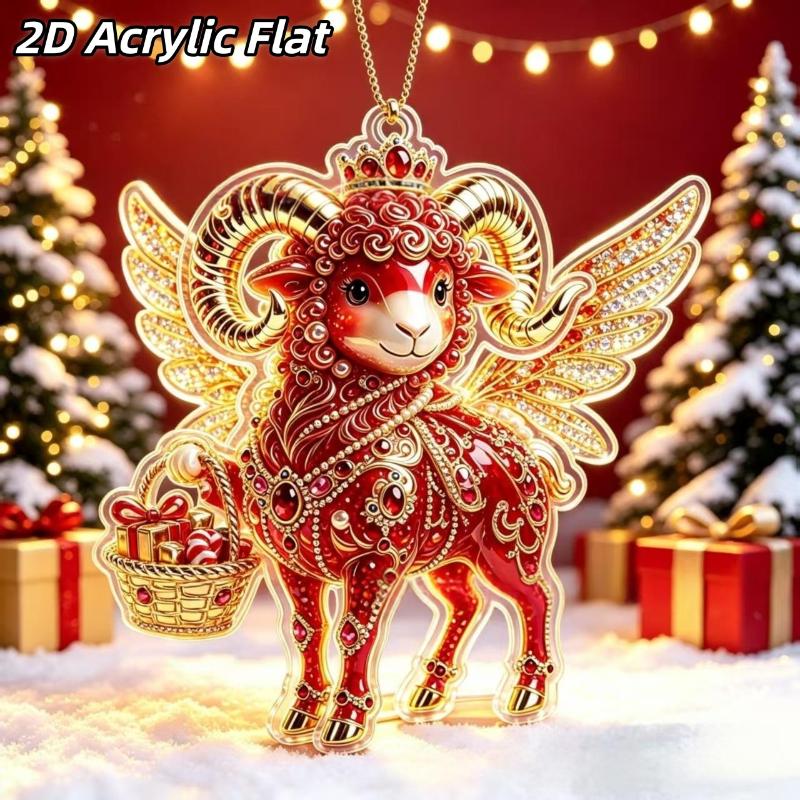 2D Acryl Sternzeichen Steinbock Weihnachtsbaum Anhänger Glücksbringendes Rot-Gold Design Für Rückspiegel Neujahr Hausdekoration