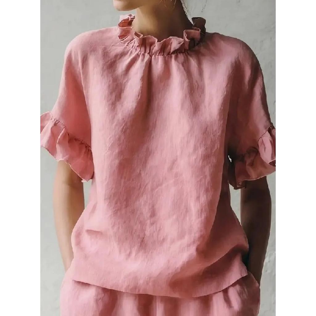 Summer French Retro Linen Cotton Short Sleeve Top, Round Neck Ruched Ruffle Blouse for Women, European American Vintage Casual Top