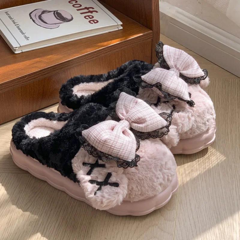 New Pattern Women's Plush Slippers Women Bow Warm and Soft Slipper Women Thick Winter Indoor Cotton Shoes Women Toe Wrap Slipper